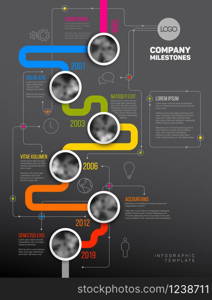 Vector Infographic Company Milestones Timeline Template with circle photo placeholders on colorful line - vertical dark version. Vector Infographic Company Milestones Timeline Template