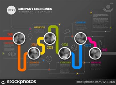 Vector Infographic Company Milestones Timeline Template with circle photo placeholders on colorful line - dark version. Vector Infographic Company Milestones Timeline Template