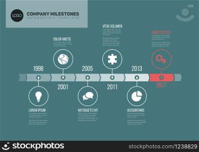 Vector Infographic Company Milestones Timeline Template with circles, icons on a teal background. Simple Infographic Timeline Template