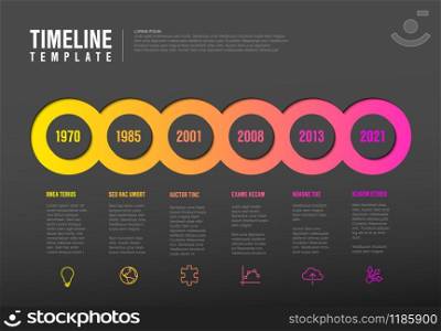Vector Infographic Company Milestones Timeline Template with circles, text placeholders and icons - dark red version