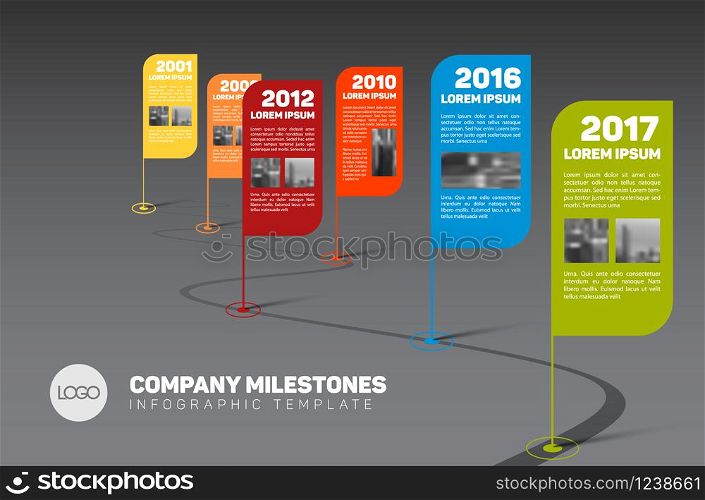 Vector Infographic Company Milestones Timeline Template with flag pointers and photo placeholders on a curved road line - dark version. Infographic Company Milestones Timeline Template