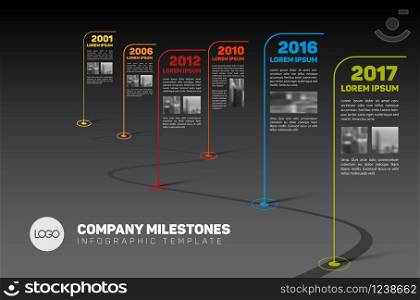 Vector Infographic Company Milestones Timeline Template with flag pointers and photo placeholders on a curved road line - dark version. Infographic Company Milestones Timeline Template