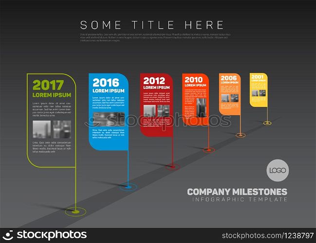 Vector Infographic Company Milestones Timeline Template with flag pointers and photo placeholders on a stright line - dark version. Infographic Company Milestones Timeline Template