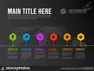 Vector Infographic Company Milestones Timeline Template with hexagon pointers on a line and world map in the background - dark version. Vector Infographic Company Milestones Timeline Template