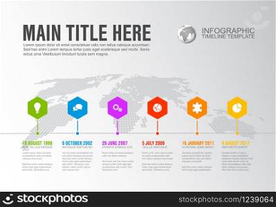 Vector Infographic Company Milestones Timeline Template with hexagon pointers on a line and world map in the background. Vector Infographic Company Milestones Timeline Template