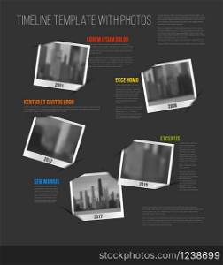 Vector Infographic Company Milestones Timeline Template with photo placeholders as snapshots - dark version. Infographic Timeline Template with photos