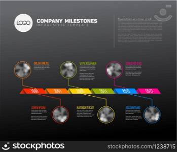 Vector Infographic Company Milestones Timeline Template with photo placeholders on a curved road line - dark version. Infographic Timeline Template with photos