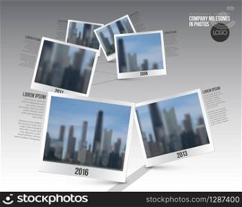 Vector Infographic Company Milestones Timeline Template with photo placeholders on a curved road line. Infographic Timeline Template with photos