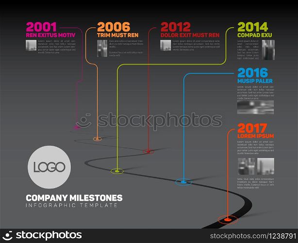 Vector Infographic Company Milestones Timeline Template with pointers and photo placeholders on a curved road line - dark version. Infographic Company Milestones Timeline Template