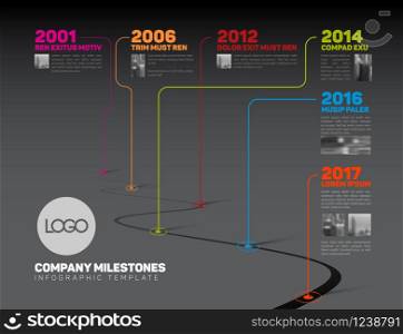 Vector Infographic Company Milestones Timeline Template with pointers and photo placeholders on a curved road line - dark version. Infographic Company Milestones Timeline Template