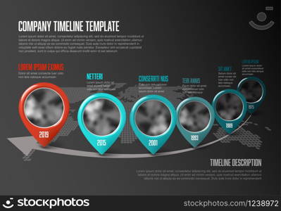 Vector Infographic Company Milestones Timeline Template with pointers and photo placeholders on a curved line and world map in the background - dark version. Infographic Timeline Template with pointers