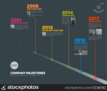 Vector Infographic Company Milestones Timeline Template with pointers and photos on a straight road line - dark version. Infographic Timeline Template with pointers and photos