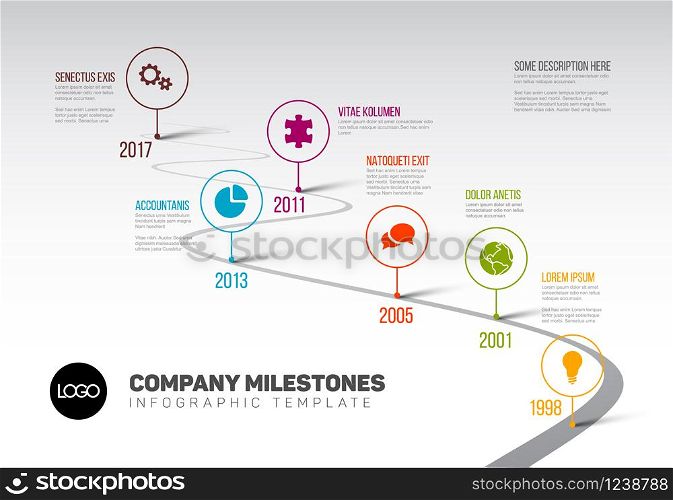 Vector Infographic Company Milestones Timeline Template with pointers on a curved road line. Infographic Timeline Template with pointers