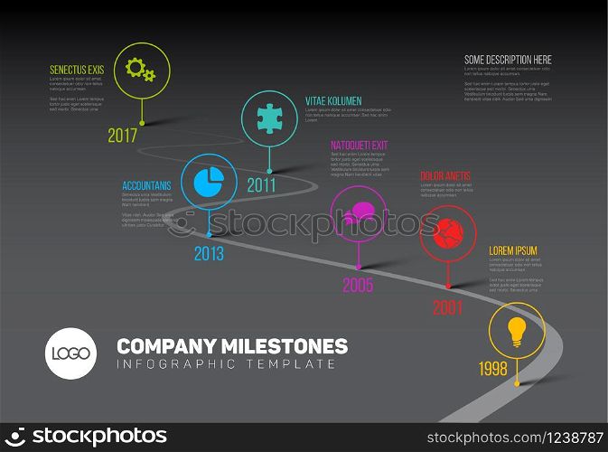 Vector Infographic Company Milestones Timeline Template with pointers on a curved road line - dark version. Infographic Timeline Template with pointers
