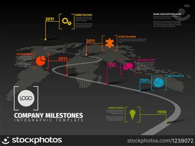Vector Infographic Company Milestones Timeline Template with pointers on a curved road line, dark version