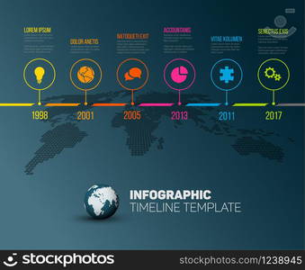 Vector Infographic Company Milestones Timeline Template with pointers on a line and world map in the dark background. Vector Infographic Company Milestones Timeline Template