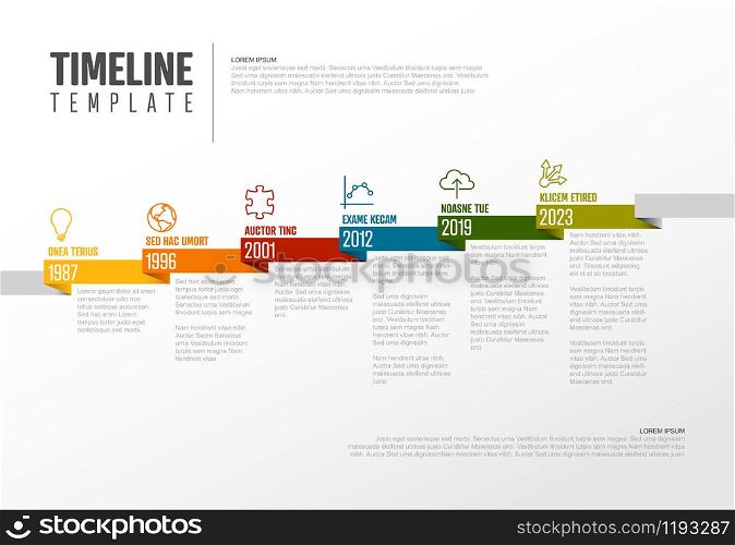 Vector Infographic Company Milestones Timeline Template with pointers on a straight diagonal colorful ribbon time line and light background