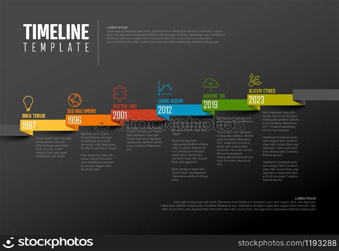 Vector Infographic Company Milestones Timeline Template with pointers on a straight diagonal colorful ribbon time line and dark background. Timeline template with icons