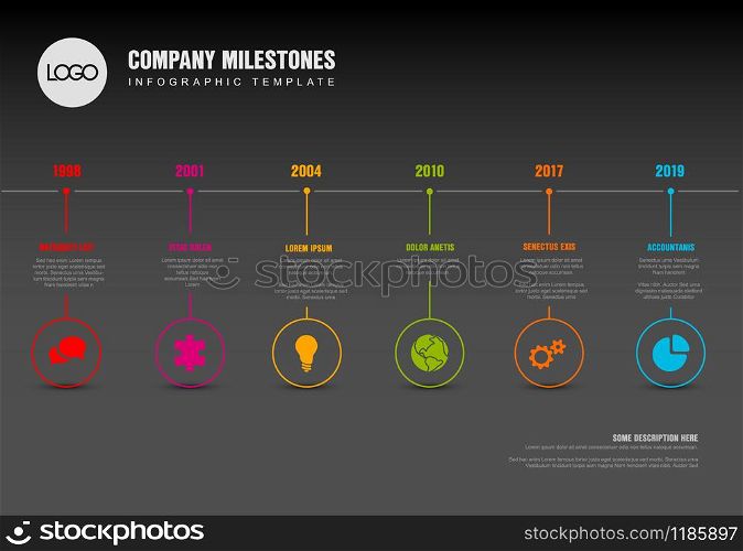 Vector Infographic Company Milestones Timeline Template with pointers on a straight horizontal time line - dark version