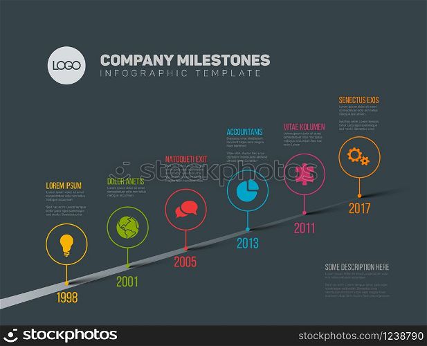 Vector Infographic Company Milestones Timeline Template with pointers on a straight road line - dark version. Infographic Timeline Template with pointers