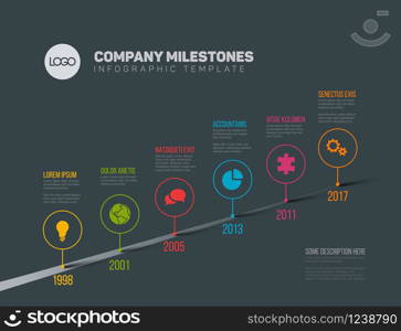 Vector Infographic Company Milestones Timeline Template with pointers on a straight road line - dark version. Infographic Timeline Template with pointers