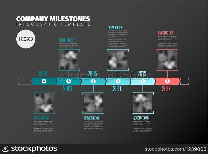 Vector Infographic Company Milestones Timeline Template with square photo placeholders on a teal time line, dark version