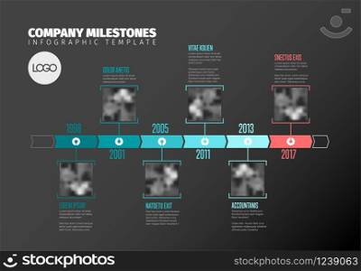 Vector Infographic Company Milestones Timeline Template with square photo placeholders on a teal time line, dark version