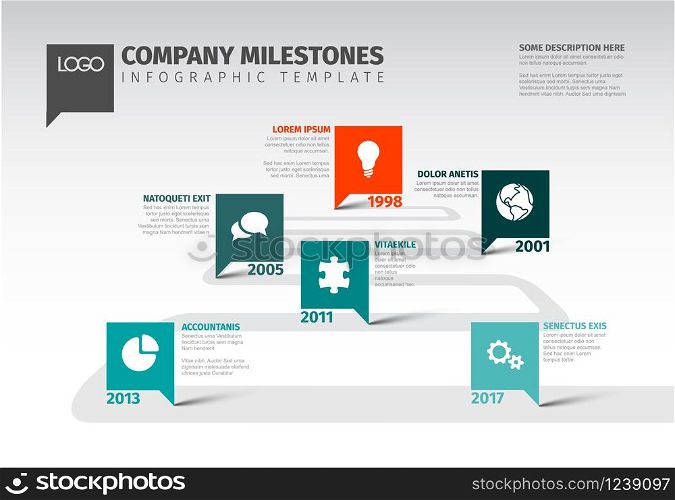 Vector Infographic Company Milestones Timeline Template with square pointers on a road line. Vector Infographic Company Milestones Timeline Template