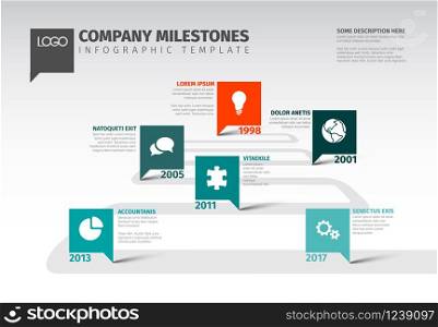 Vector Infographic Company Milestones Timeline Template with square pointers on a road line. Vector Infographic Company Milestones Timeline Template