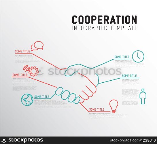 Vector Infographic cooperation report template made from lines and icons with handshake - two colors red and teal version. Vector Infographic cooperation template