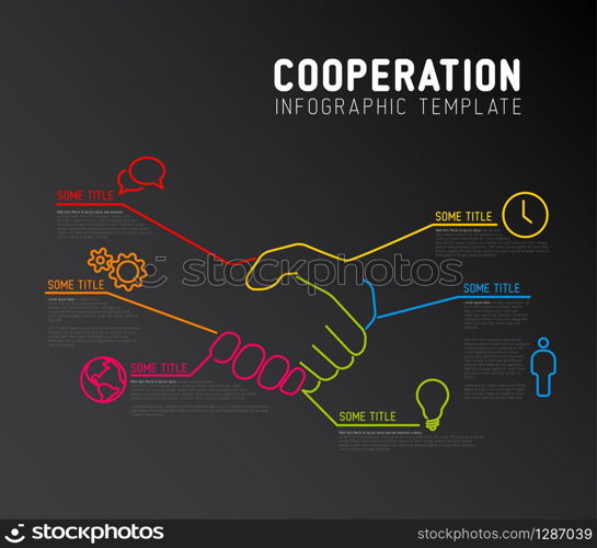 Vector Infographic cooperation report template made from lines and icons with handshake - dark version