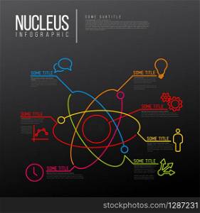Vector Infographic dark report template made from lines and icons - atom with atomic nucleus - dark verision. Vector nuclear Infographic report template