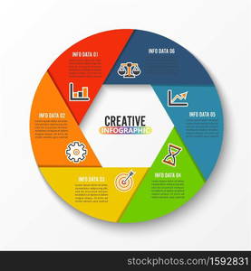 Vector infographic design template. Business concept with 6 options, parts, steps or processes. Can be used for workflow layout, diagram, number options, web design. Data visualization.