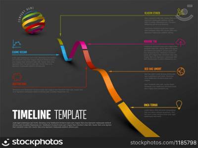 Vector Infographic diagonal timeline report template with 3d colored stripe graph, icons and descriptions - dark version