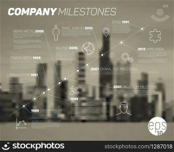 Vector Infographic diagonal timeline report template with icons and blurred city background. Infographic diagonal timeline report template