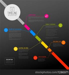 Vector Infographic diagonal timeline report template with the biggest milestones, icons, years and color buttons - dark diagonal time line version. Vector Infographic diagonal timeline report template