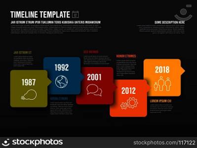 Vector Infographic horizontal timeline template made from arrow bubbles and icons - dark gray version. Vector Infographic horizontal timeline template made from arrow bubbles and icons