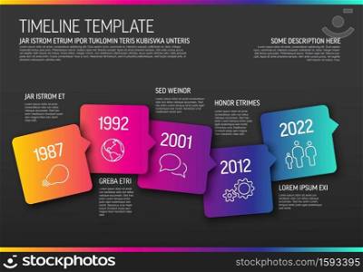 Vector Infographic horizontal timeline template made from arrow square bubbles and icons - dark color gradient version
