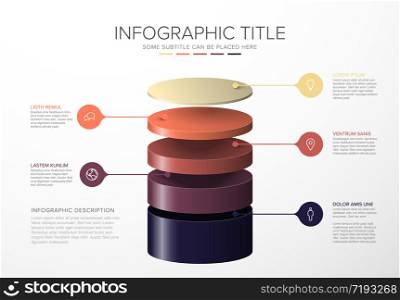 Vector Infographic layers template with five circle levels for material structure - yellow red purple template. Minimalist hierarchy chart template