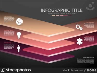 Vector Infographic layers template with five level desks for material structure - pink color template. Vector Infographic layers desks template