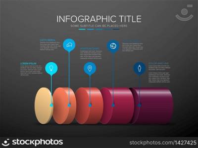 Vector Infographic layers template with five levels for material structure - dark red and blue template layout. Vector Infographic layers template