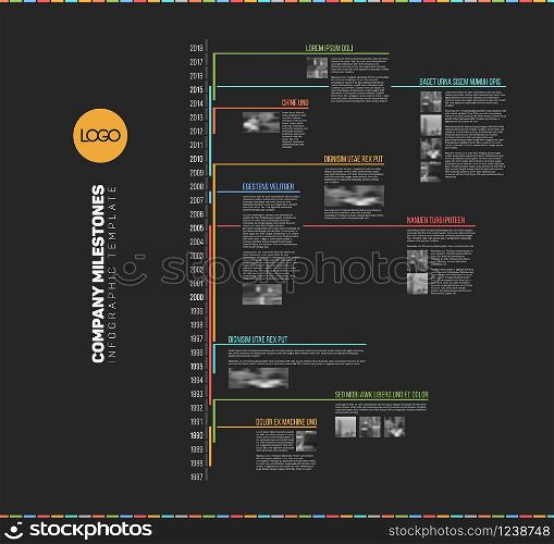 Vector Infographic multi timeline report template with the biggest milestones, icons, years - vertical dark version. Vector Infographic multi timeline report template