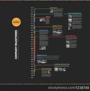 Vector Infographic multi timeline report template with the biggest milestones, icons, years - vertical dark version. Vector Infographic multi timeline report template