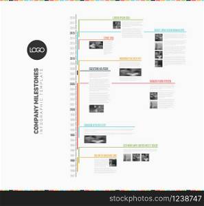 Vector Infographic multi timeline report template with the biggest milestones, icons, years - vertical ligh version. Vector Infographic multi timeline report template