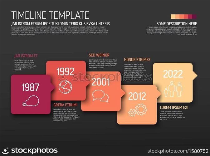Vector Infographic red horizontal timeline template made from arrow square bubbles and icons - dark red version