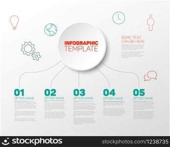 Vector Infographic report template for six steps, made from red and teal lines with big circle and icons