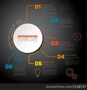Vector Infographic report template for six steps, made from red and teal lines with big circle and icons - dark version