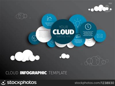 Vector Infographic report template made from circles and icons cloud shape - dark version. Cloud - Vector Infographic template