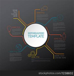 Vector Infographic report template made from color lines with big circle and icons on dark background. Vector Infographic report template
