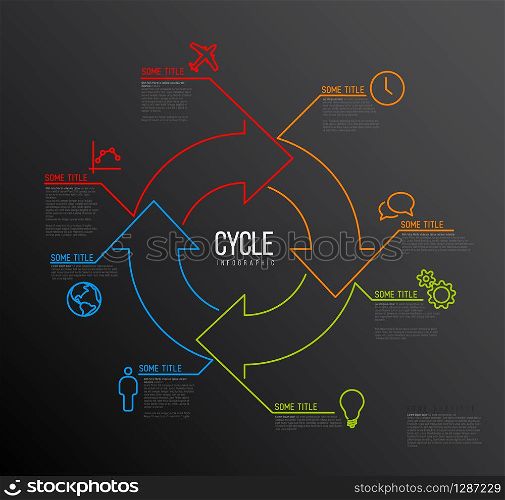 Vector Infographic report template made from lines and icons with big cycle icon - dark version. Vector Infographic cycle template made from lines and icons